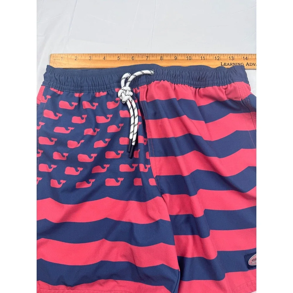 Vineyard Vines Swim Trunks XS Mens Red Blue Flag Whale Stripe Beach Summer